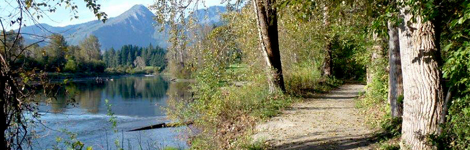 Waterfront park trail and wedge mountain river view