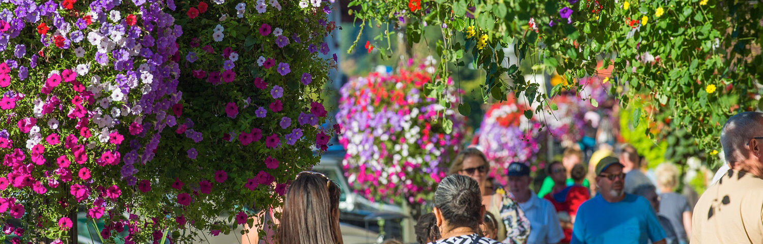 Hanging flower baskets on Front Street